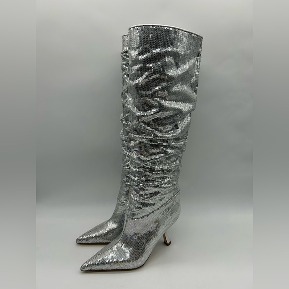 Michael Kors Luna Sequin Boots Silver Pointed Toe Slouchy Heels Women’s 6.5M NIB - Picture 5 of 15